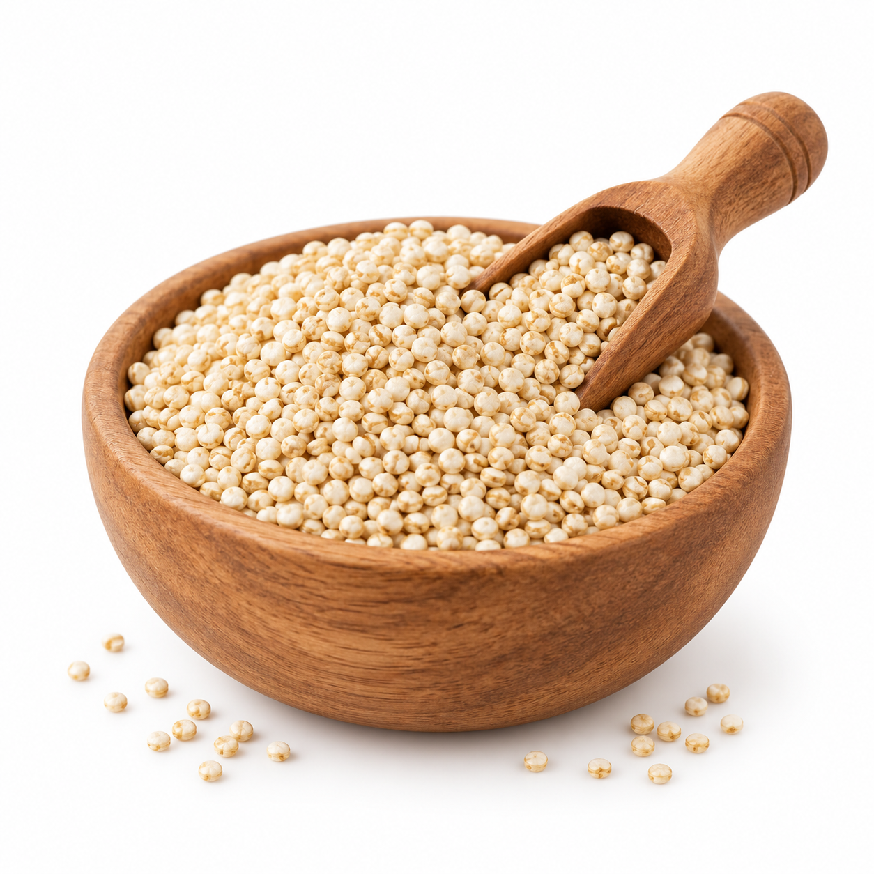 Quinoa blanca a granel en tazón de madera con cuchara, materia prima