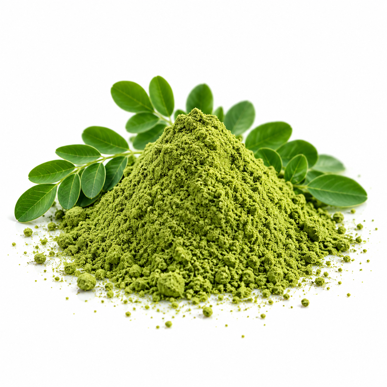 Moringa en polvo a granel, materia prima en tazón blanco con hojas