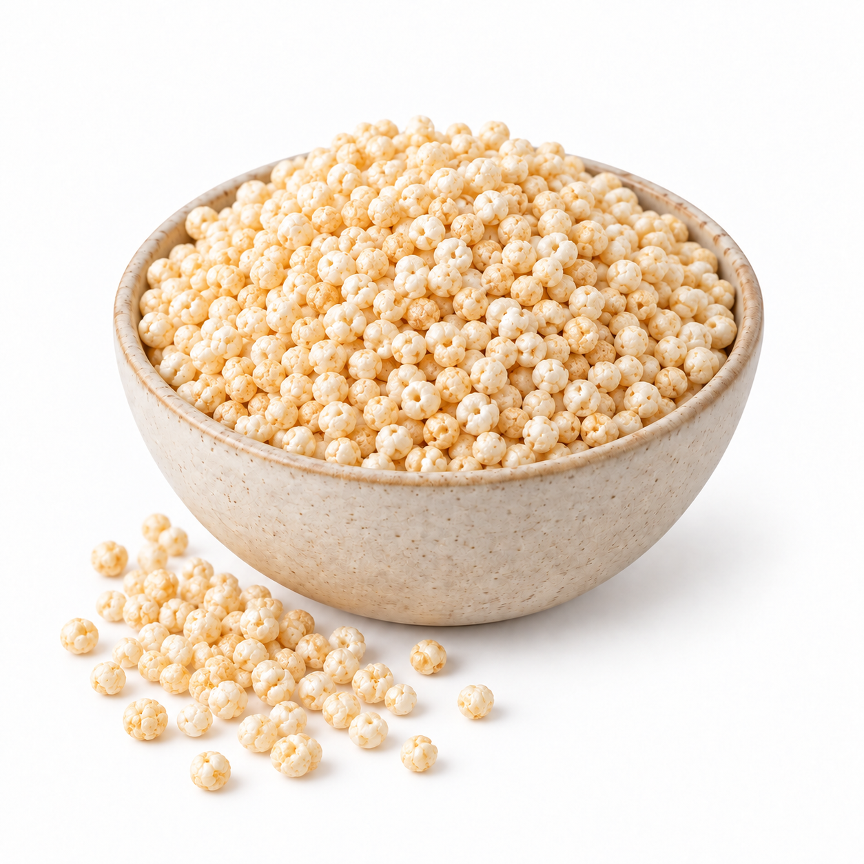 Quinoa inflada a granel en tazón claro, insumo para cereales y barras