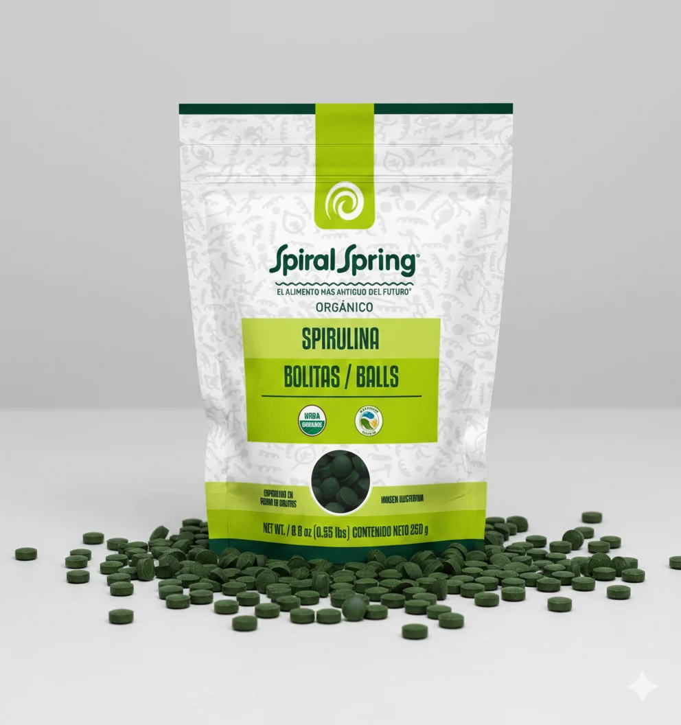 Bolsa Spiral Spring de espirulina en bolitas orgánica, 500 bolitas y 250 g
