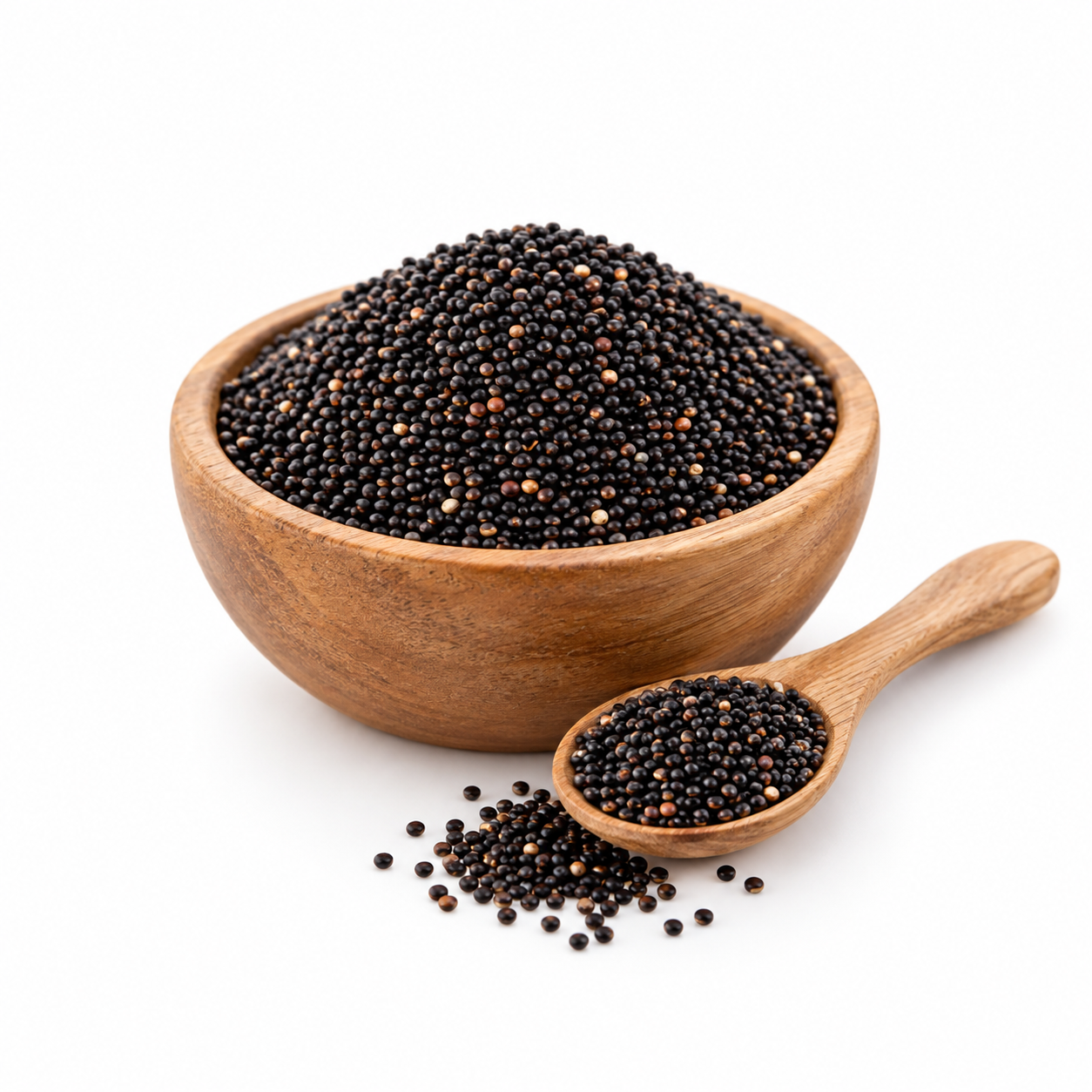Quinoa negra a granel en tazón de madera con cuchara, materia prima