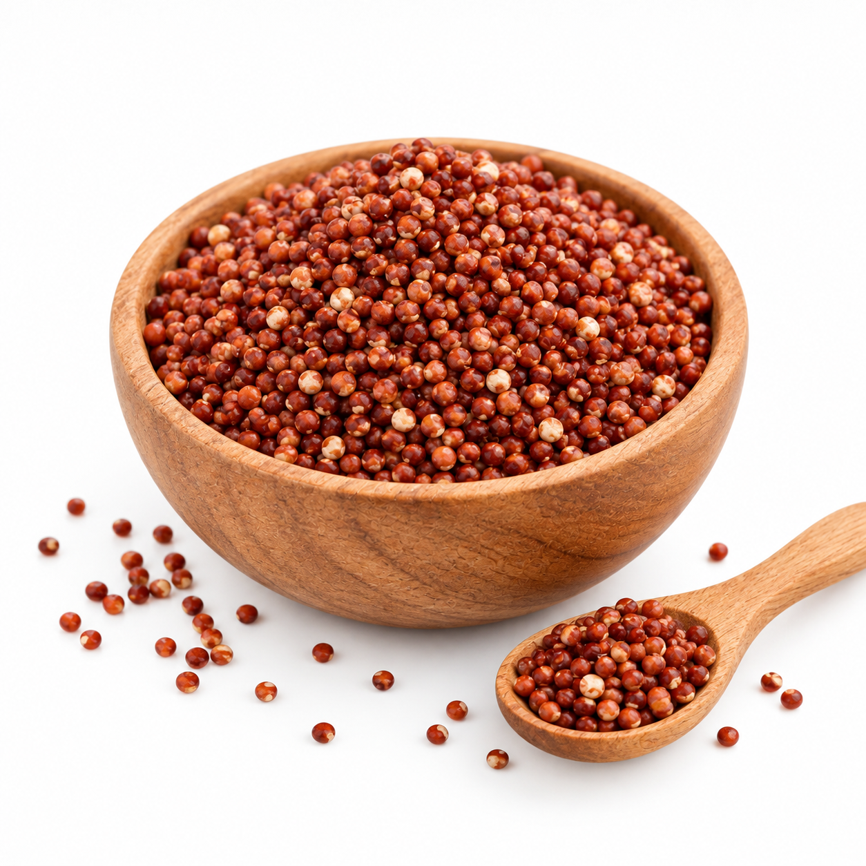 Quinoa roja a granel en tazón de madera con cuchara, materia prima