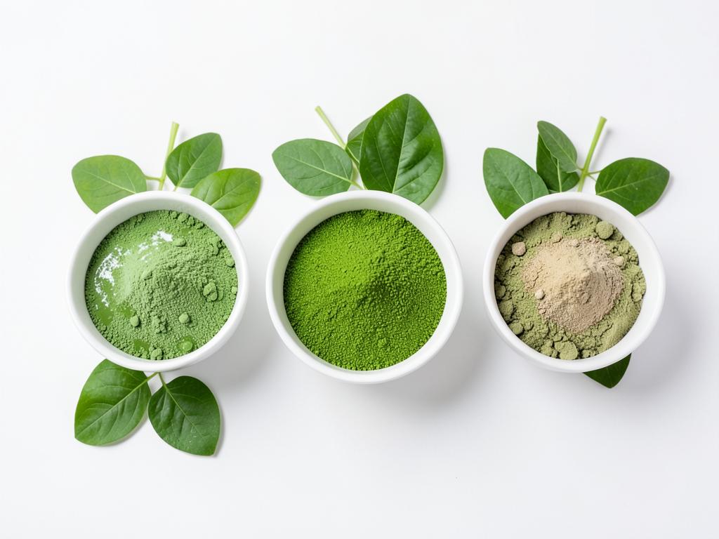 Espirulina, moringa y clorofila a granel, insumos verdes en tazones blancos