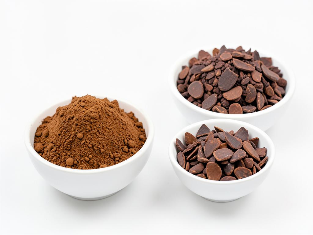 Cacao en polvo sin azúcar a granel en tazón blanco, materia prima