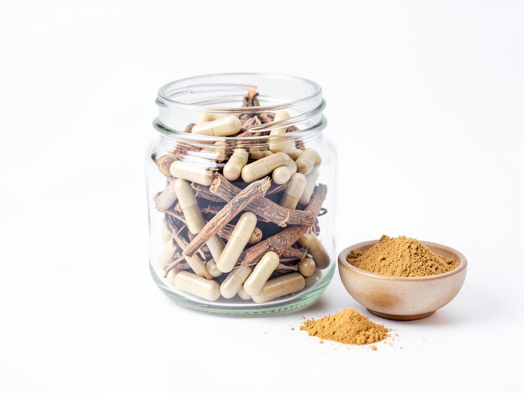 Ashwagandha en cápsulas sin marca en frasco de vidrio, insumo a granel
