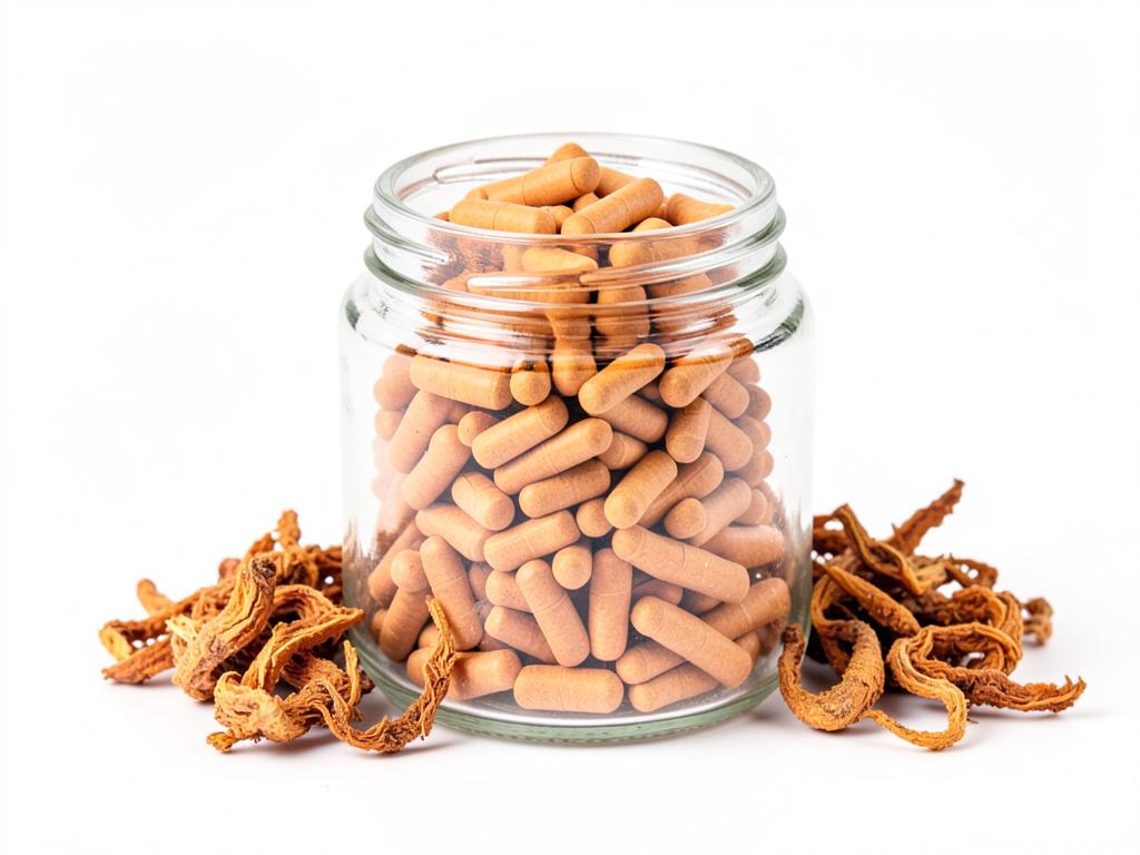 Cordyceps en cápsulas sin marca en frasco de vidrio, insumo a granel