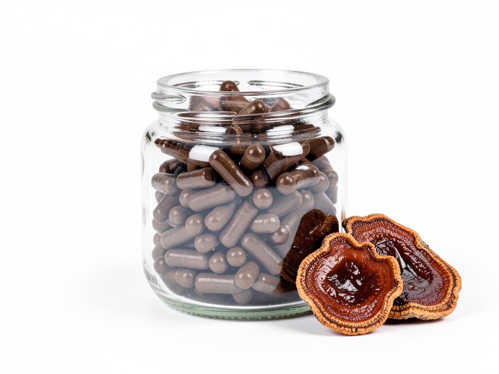 Reishi (ganoderma) en cápsulas sin marca en frasco de vidrio, insumo a granel