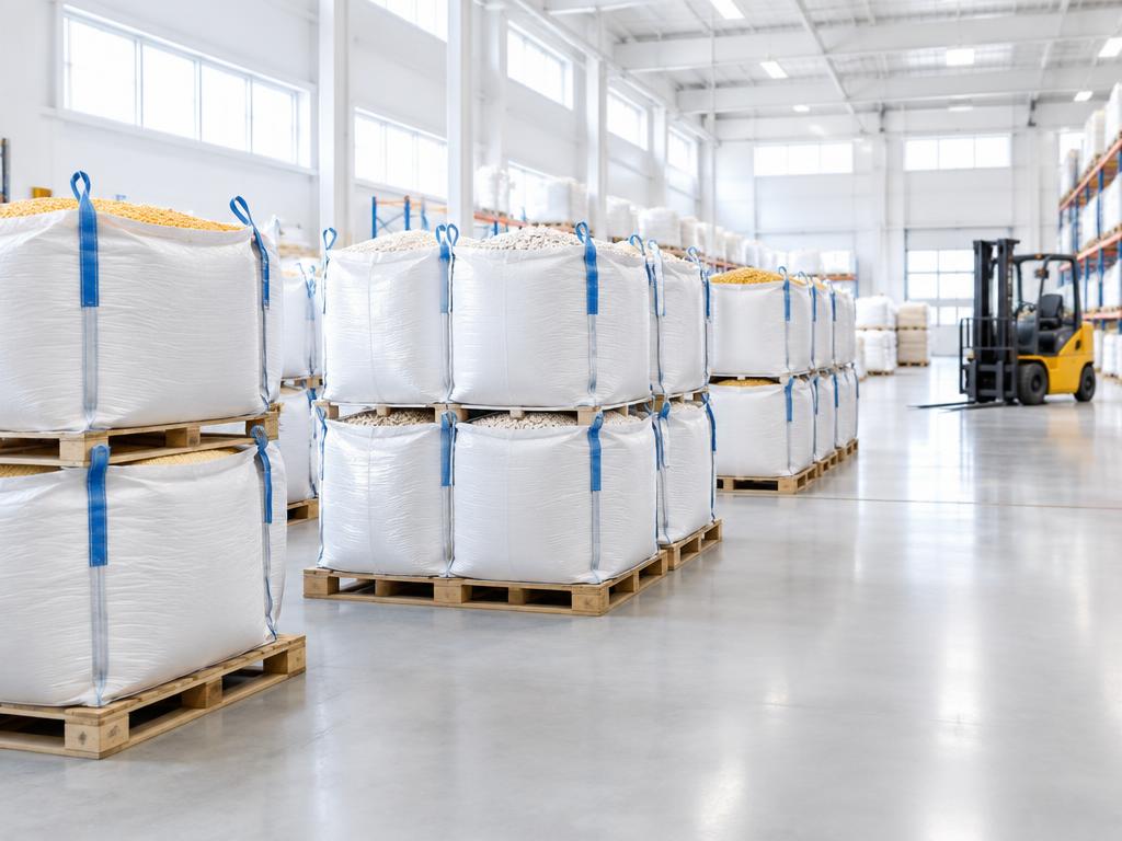 Tarimas con big bags de materia prima alimenticia en almacén de distribución por tonelada