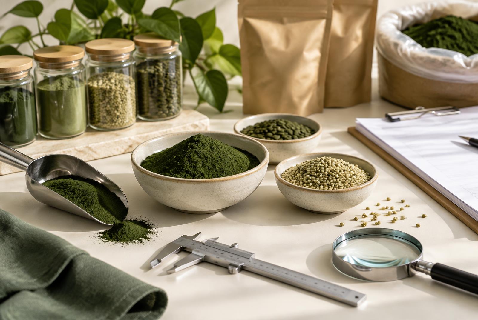 Control de calidad de materia prima con muestras, utensilios y documentación de lote