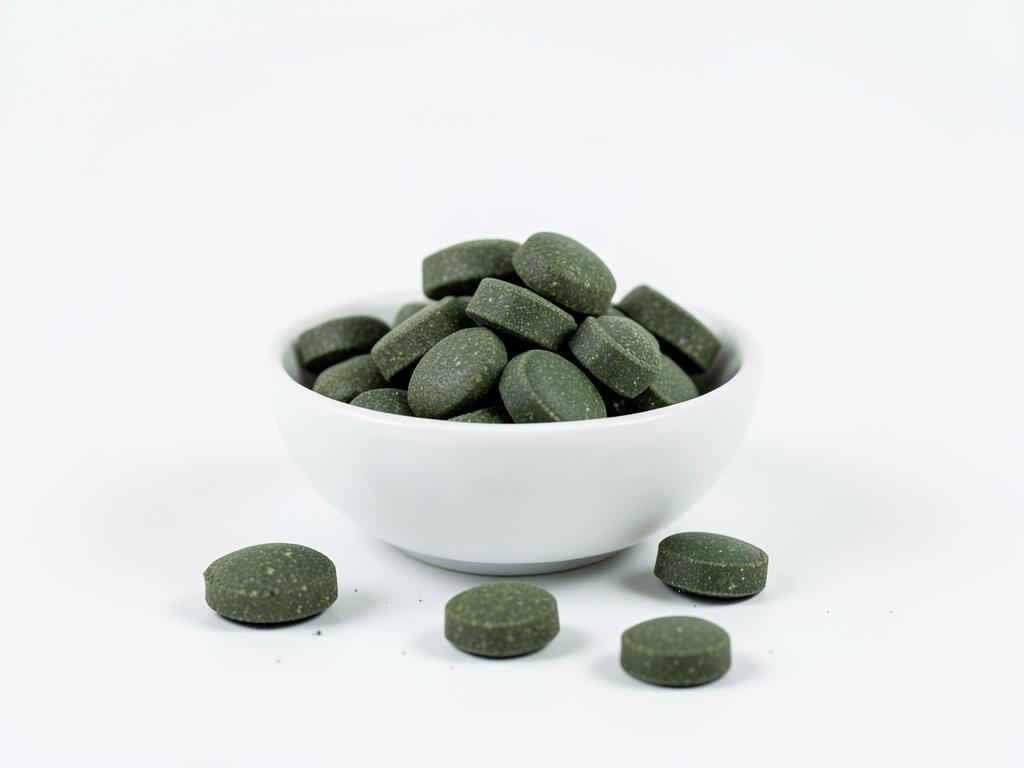 Comprimidos de espirulina sin marca, insumo a granel sobre fondo blanco
