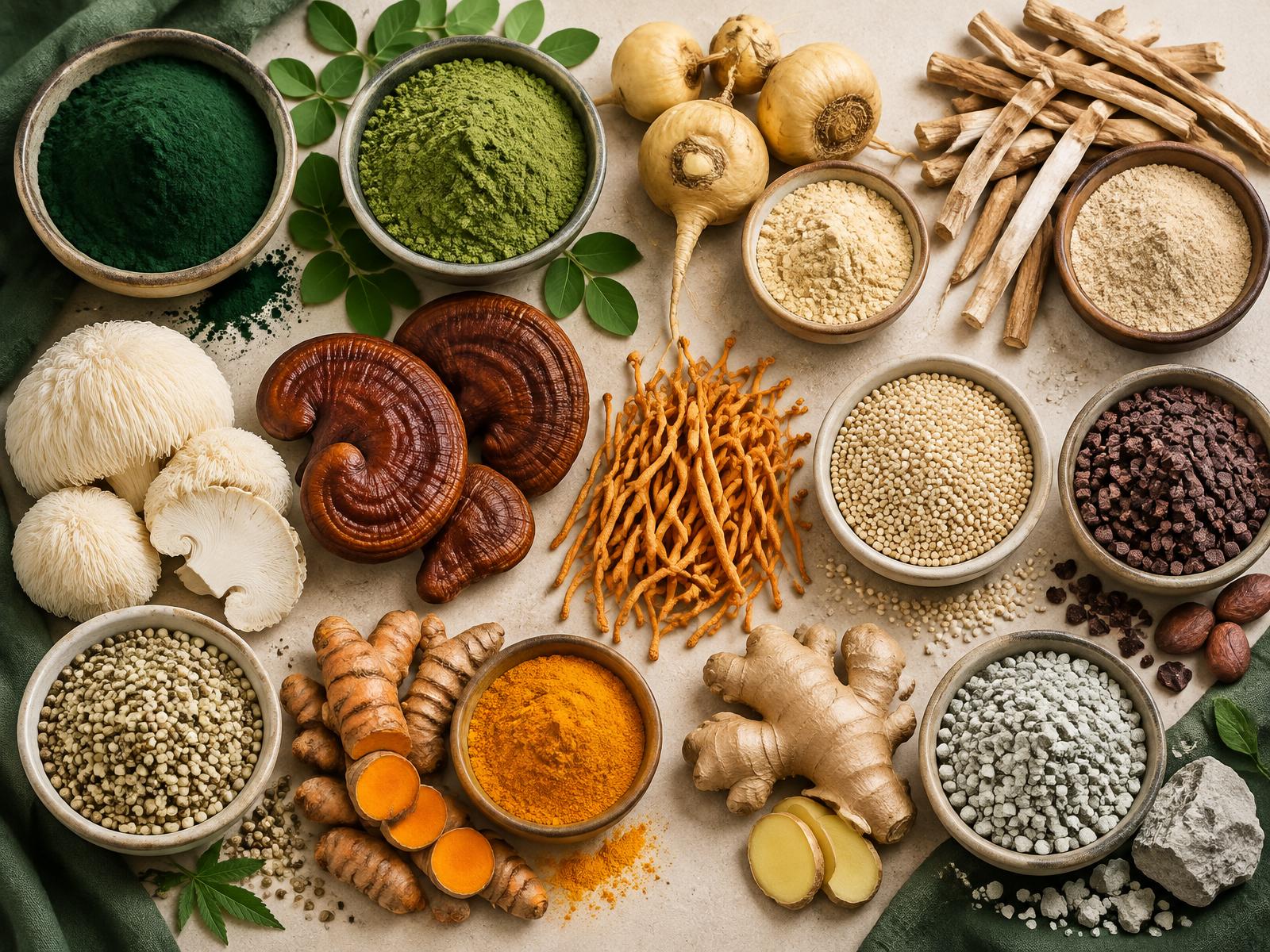 Familias de materia prima de superalimentos, hongos, semillas, raíces y polvos a granel