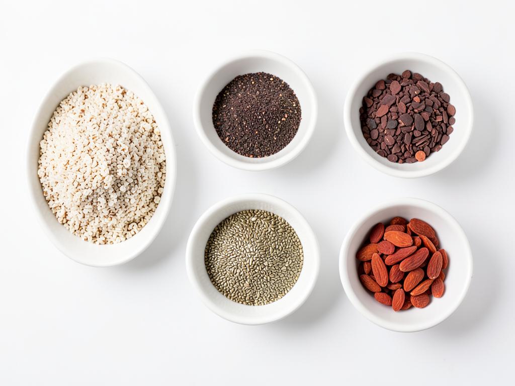 Granos y semillas a granel: quinoa, cacao, cáñamo y goji, materia prima