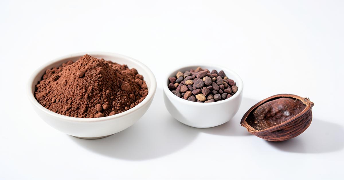 Cacao en polvo sin azúcar junto a nibs de cacao, guía comparativa