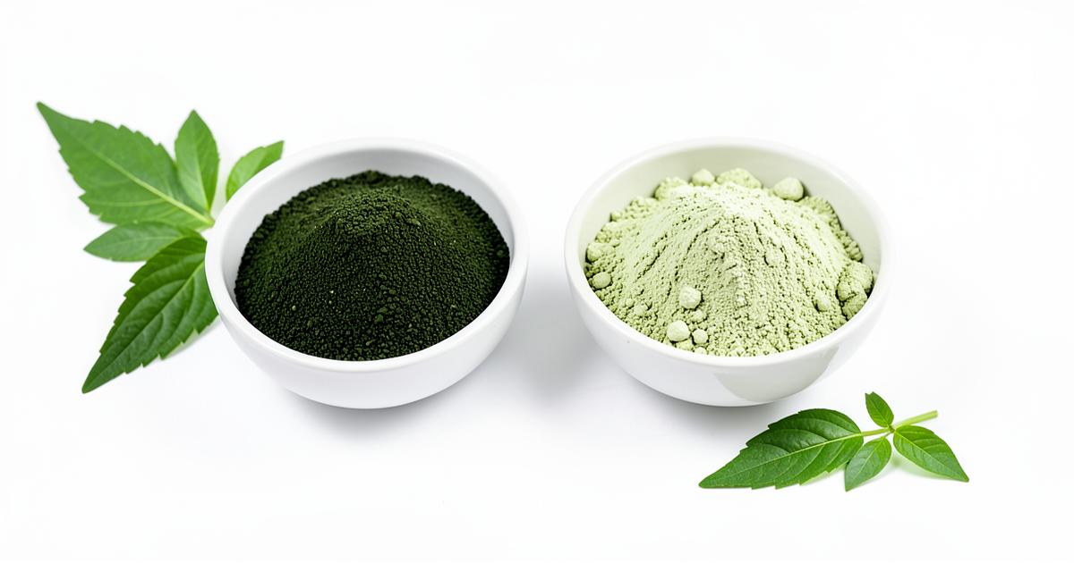 Espirulina y moringa en polvo en dos tazones, guía de espirulina y moringa