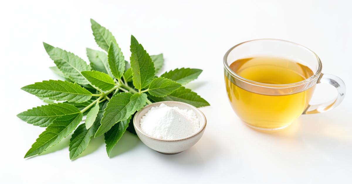 Hojas de stevia rebaudiana con stevia en polvo, guía de uso