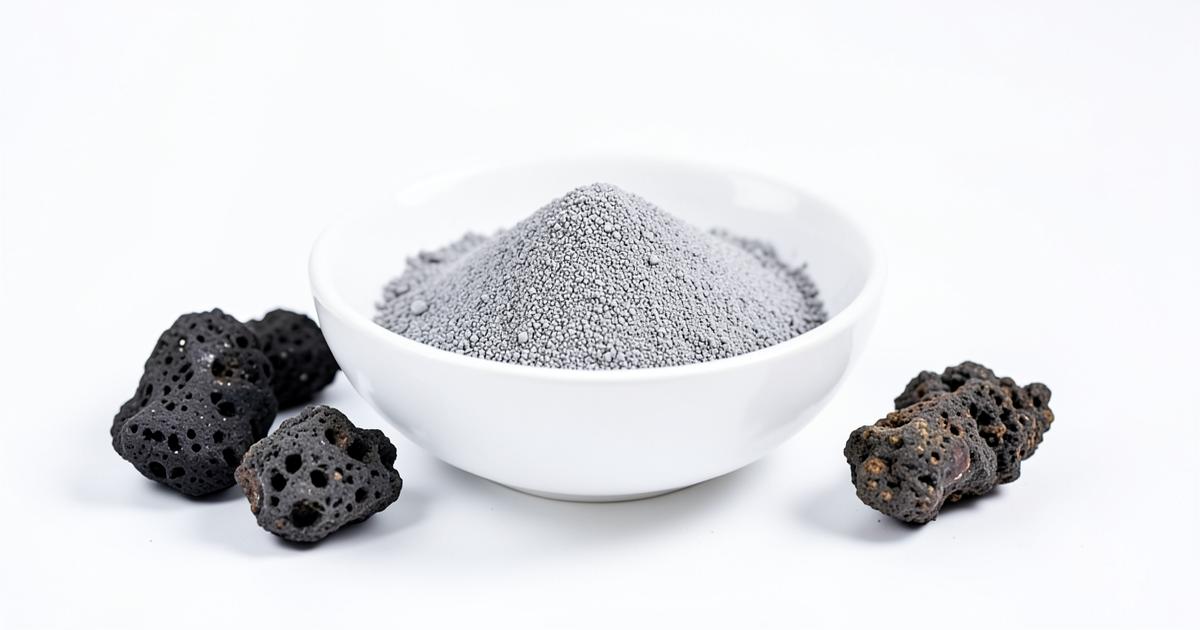 Polvo de zeolita clinoptilolita con piedras volcánicas, guía del mineral