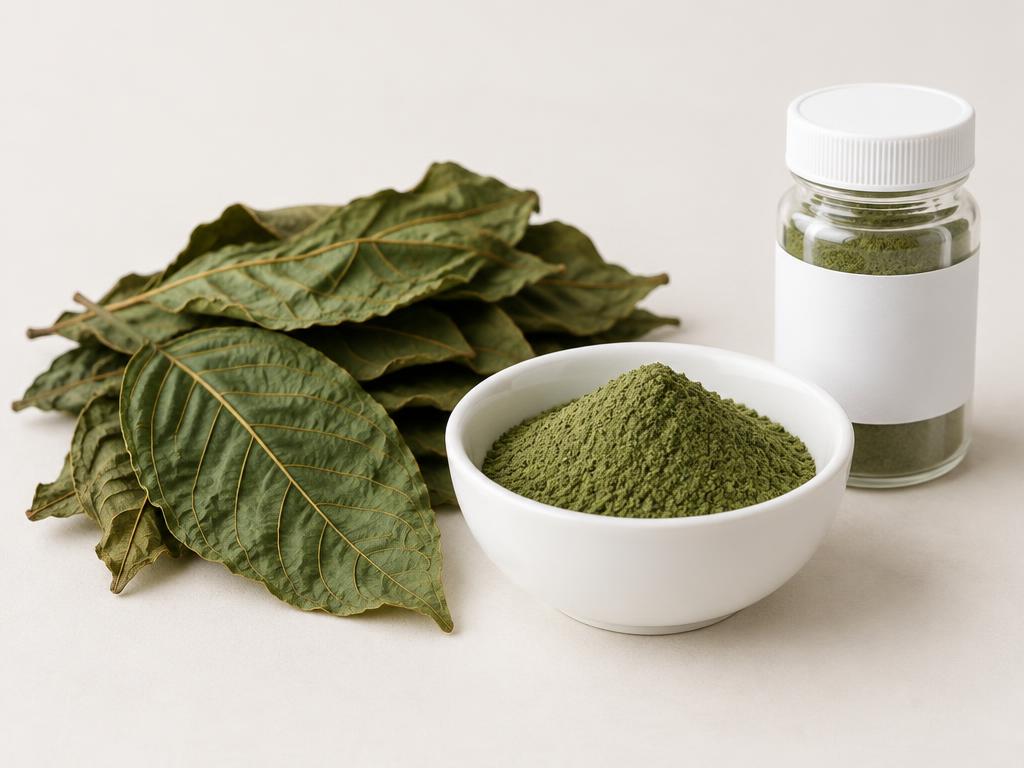 Kratom en polvo: hoja molida de Mitragyna speciosa junto a hojas secas