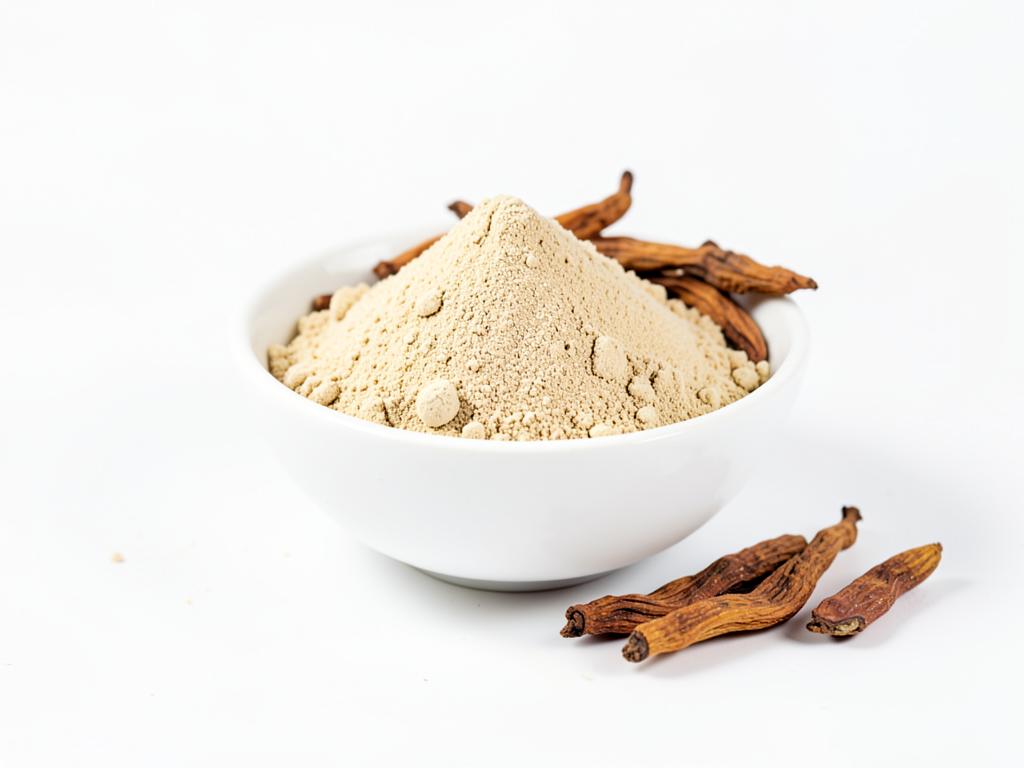 Maca negra en polvo a granel, materia prima en tazón blanco