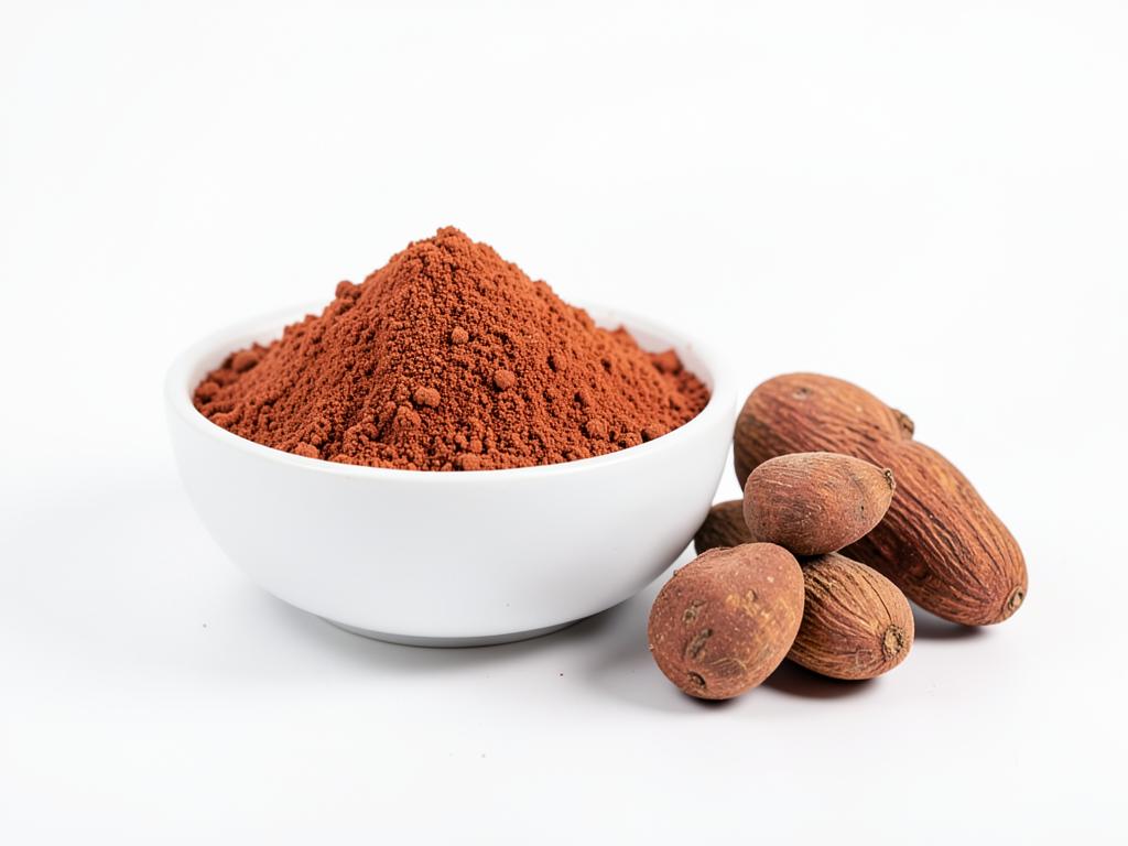 Maca roja en polvo a granel, materia prima en tazón blanco