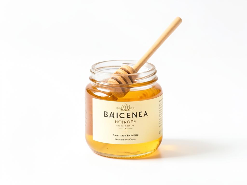 Miel de abeja cruda en frasco de vidrio, insumo a granel