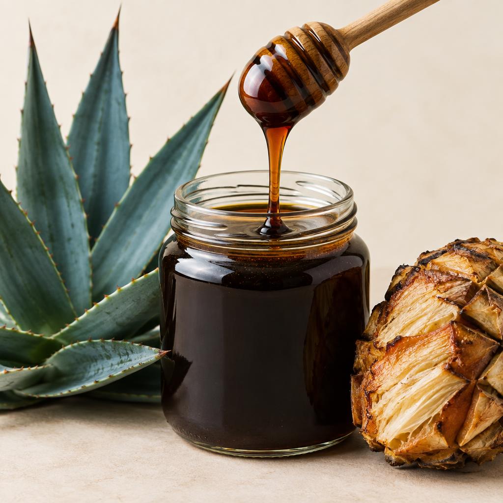 Miel de maguey negra artesanal en frasco de vidrio junto a hojas de agave azul y piña cocida