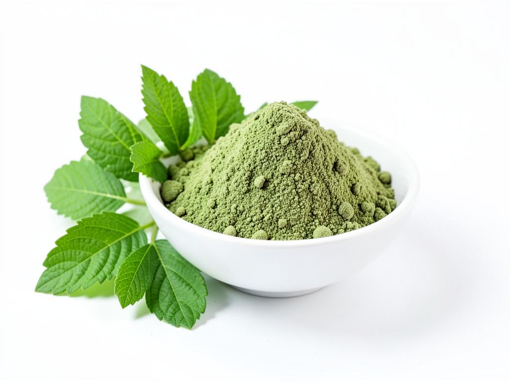 Moringa en polvo a granel, materia prima en tazón blanco con hojas
