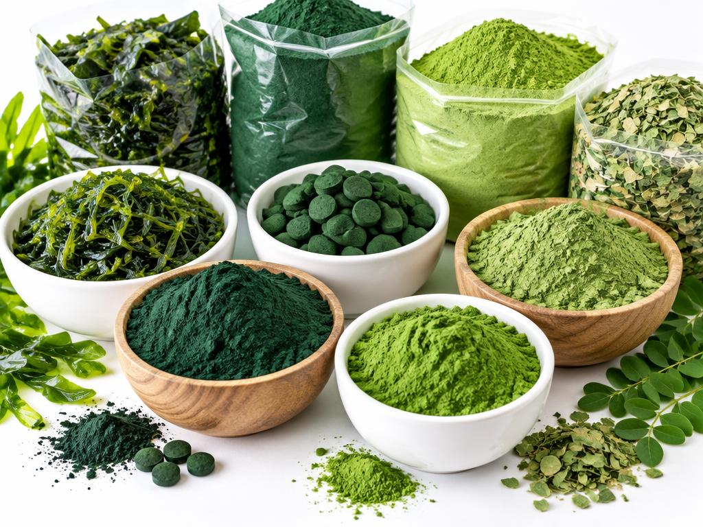 Algas y polvos verdes a granel, espirulina, clorela y moringa, para comparar precio
