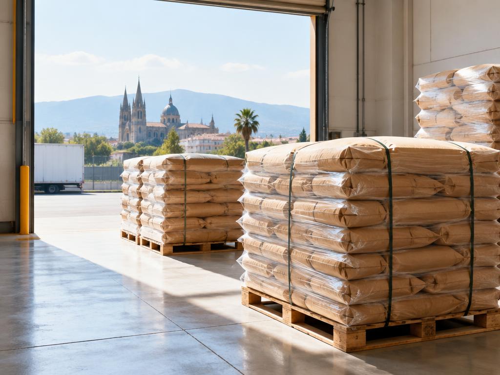 Tarimas de sacos de superalimentos listas para salir del almacén en Guadalajara