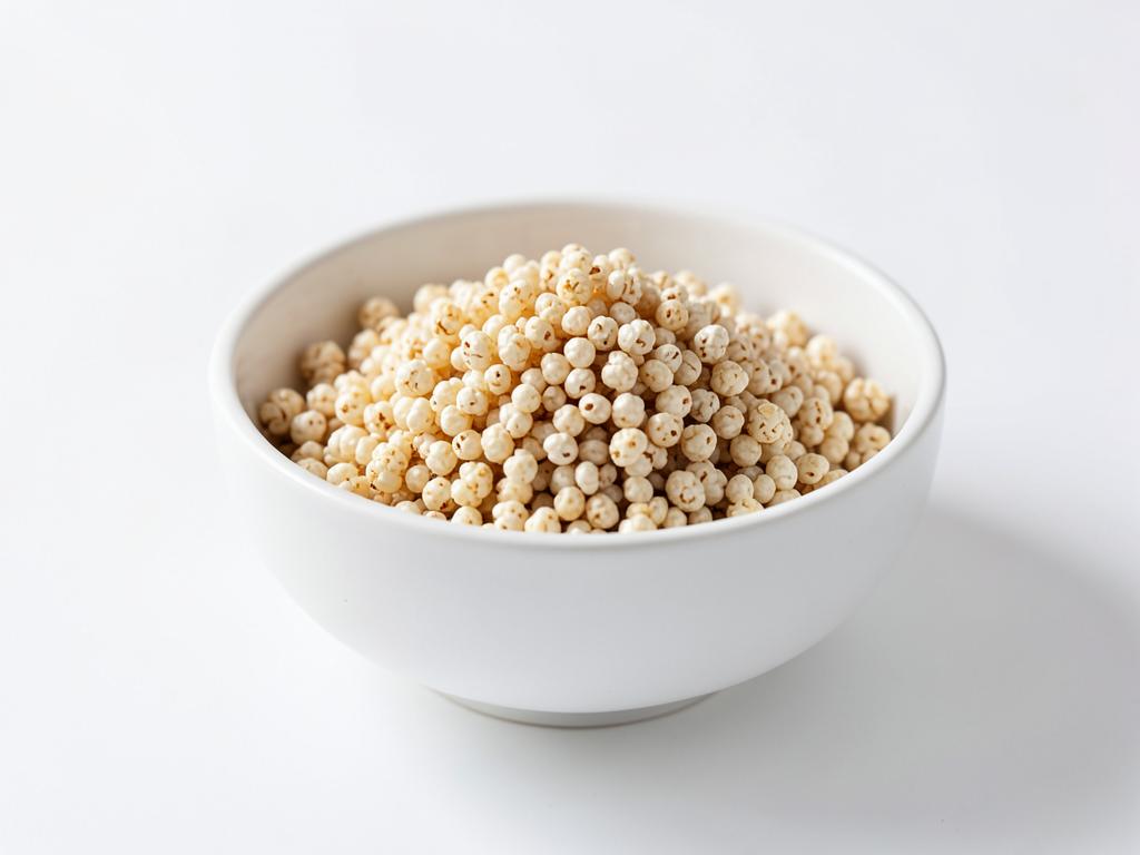 Quinoa inflada a granel en tazón blanco, insumo para cereales y barras