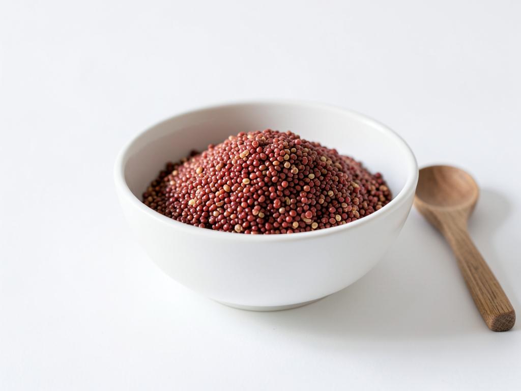Quinoa roja a granel en tazón blanco, materia prima